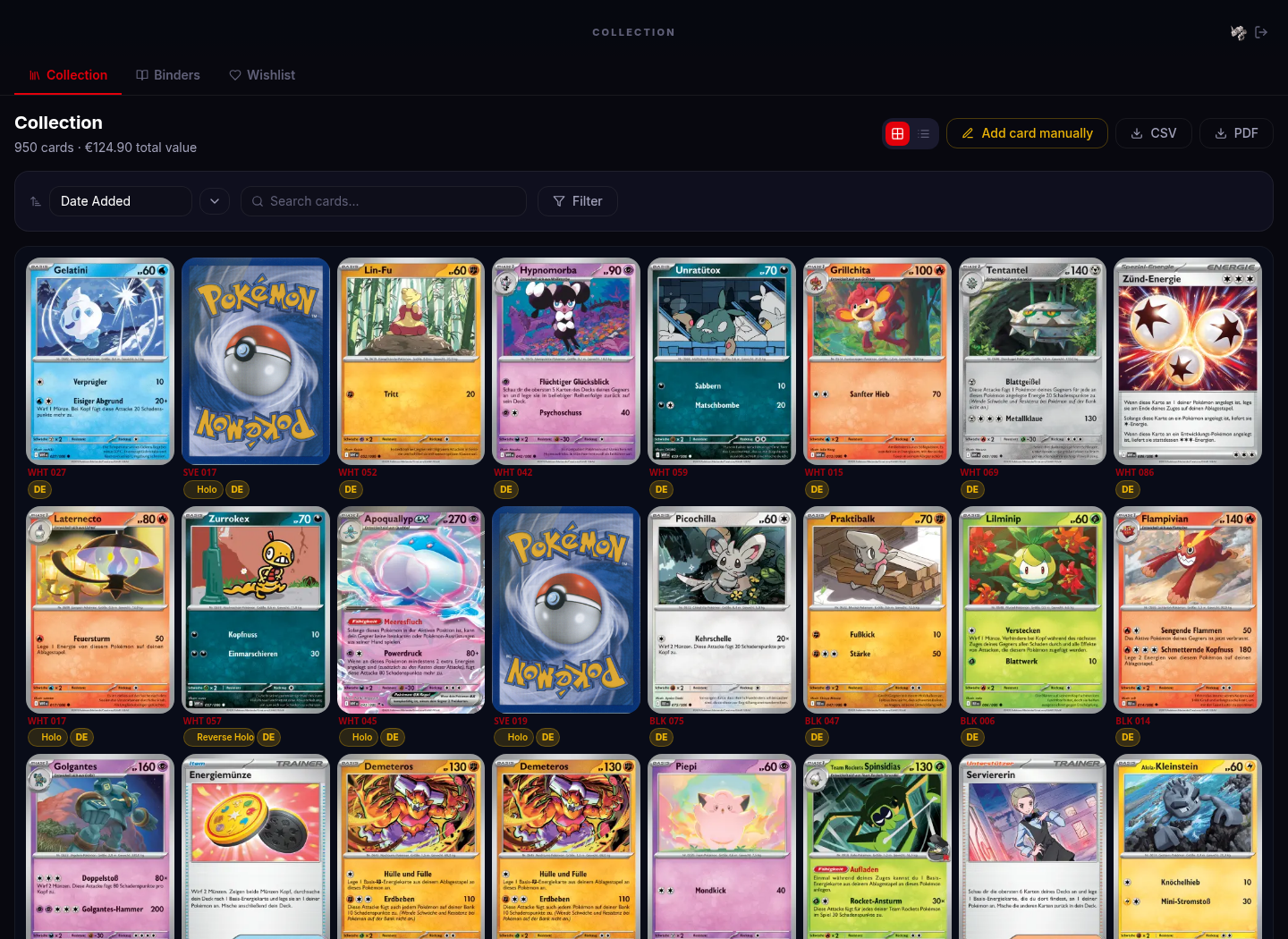 PokéCollector collection grid with anonymized data