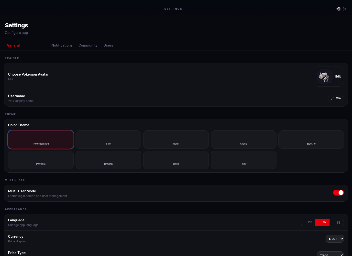 PokéCollector settings page with anonymized data